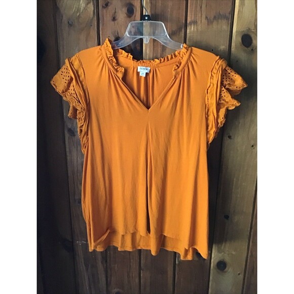 J Crew Orange Top Size 2X Lacy Cape Sleeves V Neck Re-Imagined - Picture 1 of 7